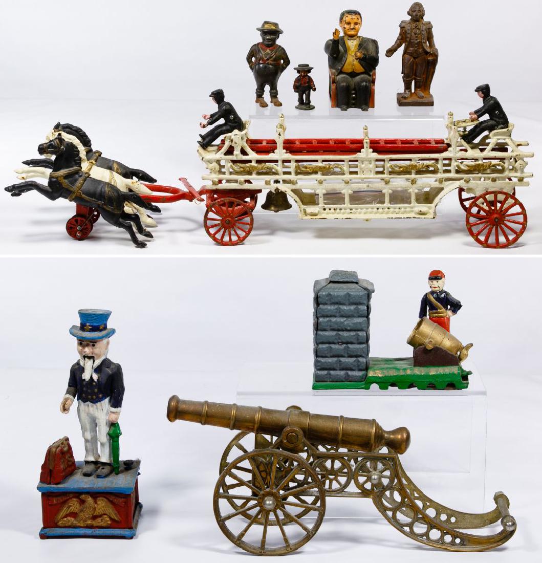 Cast Iron Fire Wagon, Bank and Figurine Assortment (1 of 2)