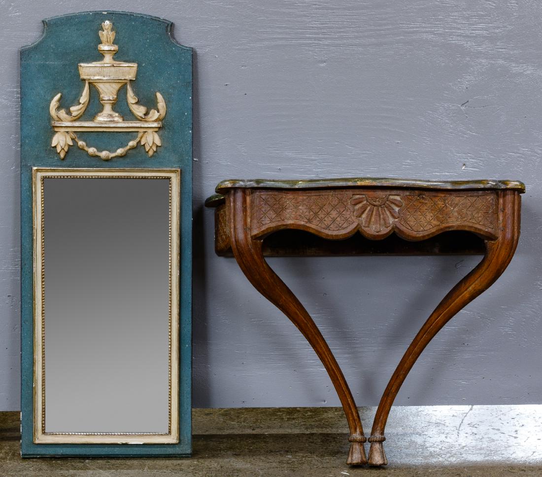 French Painted Hall Table and Mirror: French Painted Hall Table and Mirror Mirror by Borghese Co. and wall-mount Country French style console table Condition: Good, overall light wear consistent with age and normal use Height: 44.00 inche