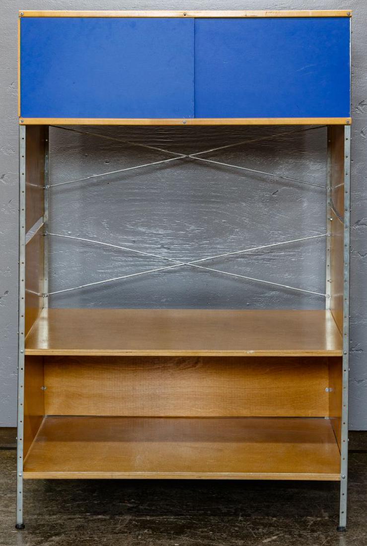 MCM Eames ESU Style Storage Unit: MCM Eames ESU Style Storage Unit c.1970; having three storage levels with two blue sliding doors on the top cabinet Condition: Very Good, light to moderate surface wear overall; missing screw in top t