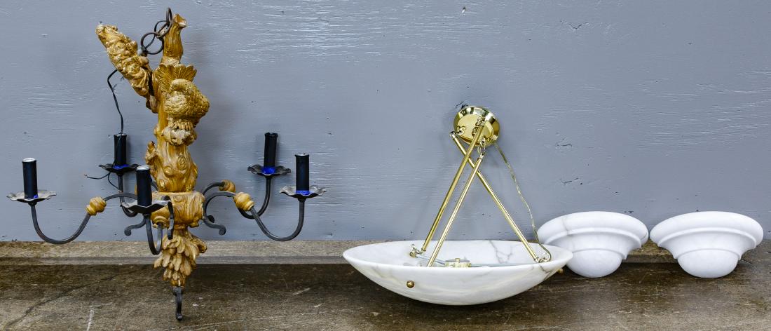 Ceiling and Wall Fixture Assortment: Ceiling and Wall Fixture Assortment Two ceiling fixtures, one having a resin frame with five cast iron lamp atrms depicting a tree branch, leaves and bird; the other having composite material simulati