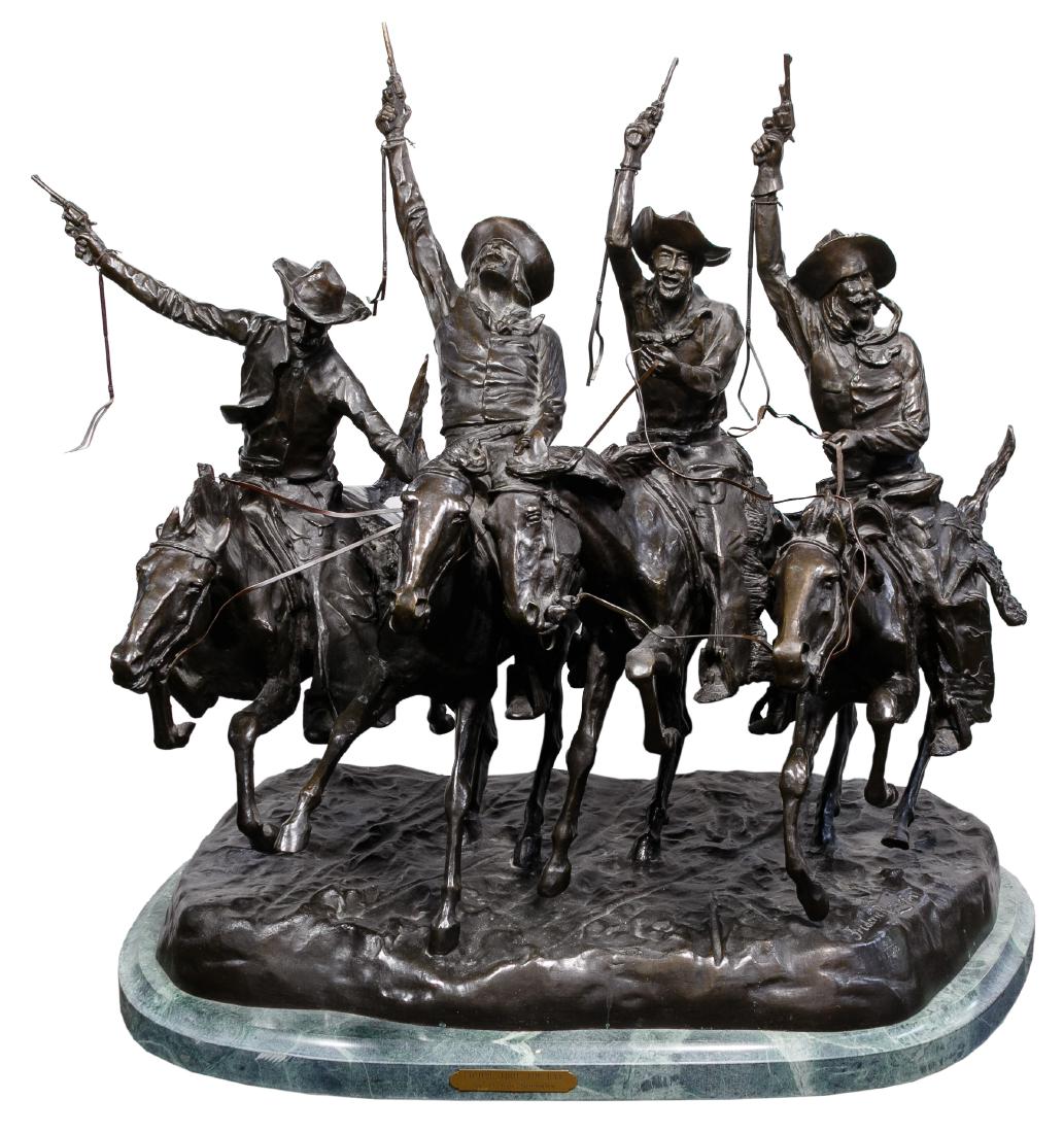 (After) Frederic Remington (American, 1861-1909): (After) Frederic Remington (American, 1861-1909) 'Coming Thru the Rye' Sculpture Incised signature 'Frederic Remington' number 21/100, bronze recast on marble plinth, brass name plate; depicting cowbo