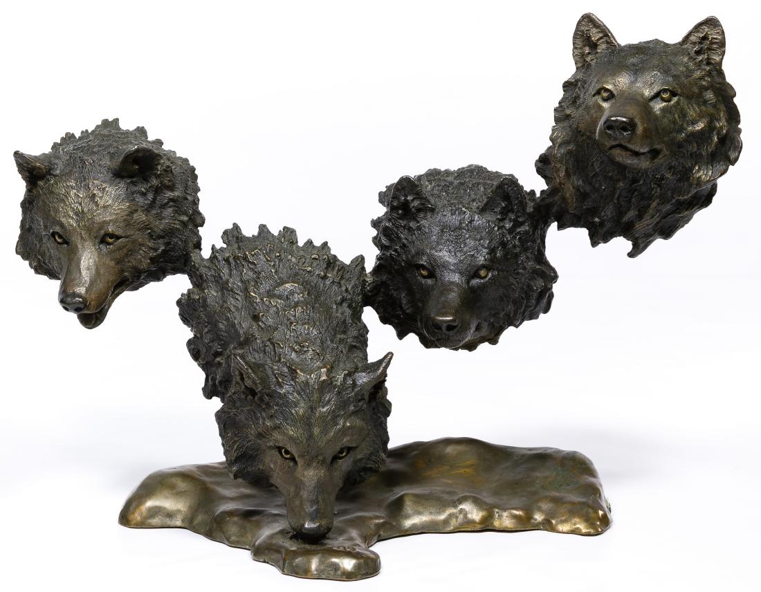 Mark Hopkins (American, 20th Century) Wolf Head Bronze: Mark Hopkins (American, 20th Century) Wolf Head Bronze Statue 1995, incised signature 'Mark Hopkins' on left rear of base, numbered 326, bronze sculpture depicting a wolf in four stages of hunting Con