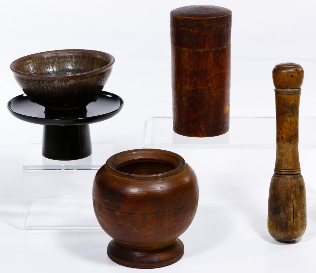 Chinese Tea Bowl, Stand, Caddy, Mortar and Pestle: Chinese Tea Bowl, Stand, Caddy, Mortar and Pestle Jian kiln; a bamboo caddy; wooden mortar and pestle set; together with storage case for bowl and stand Condition: Very Good to Fair, no chips or crack