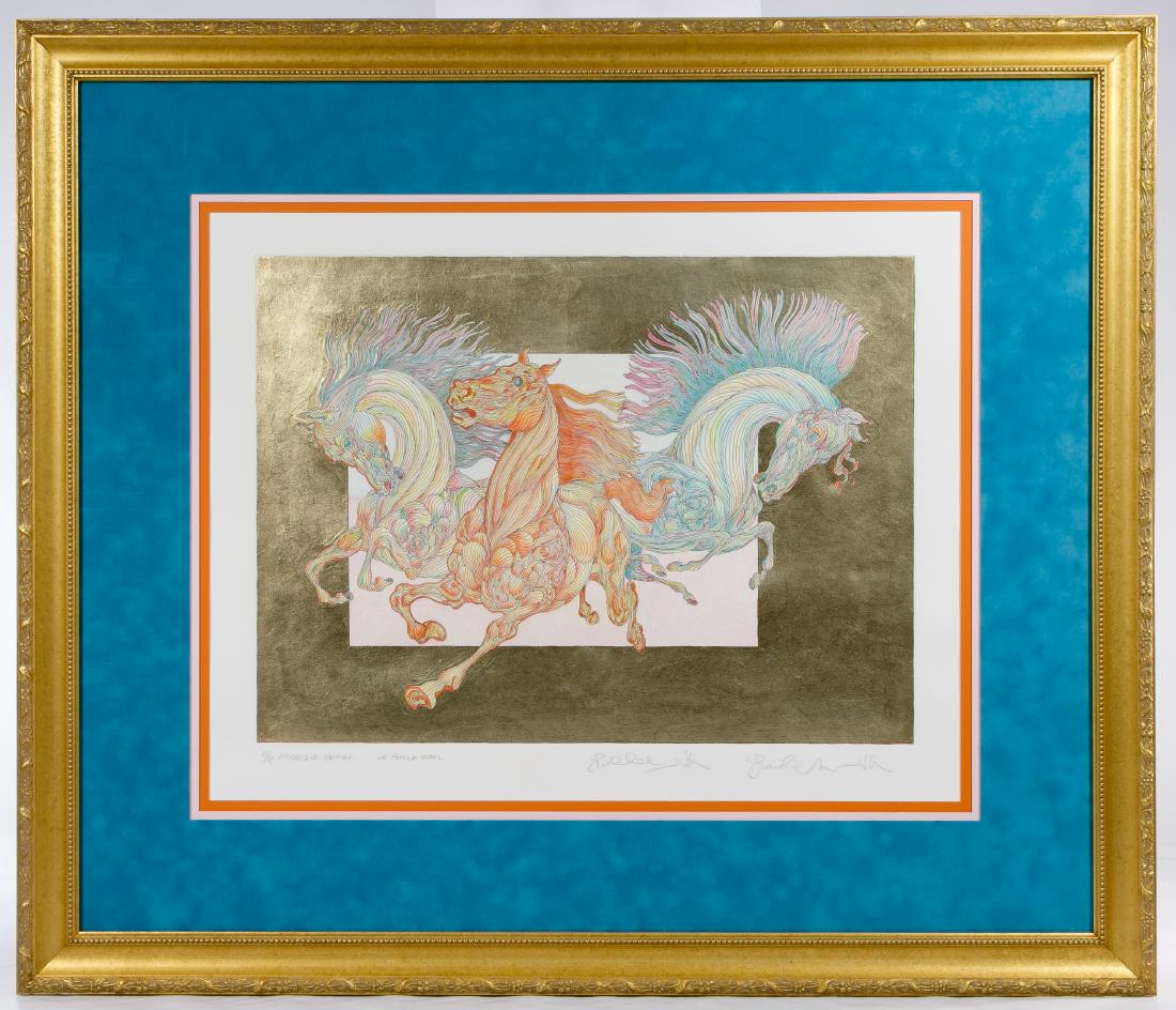 Guillaume Azoulay (Moroccan, b.1949) 'Le Horla': Guillaume Azoulay (Moroccan, b.1949) 'Le Horla' Lithograph 2012, numbered 15/18 lower left; signed lower right; image of three prancing horses on gold foil, double matted in gold frame Condition: Very