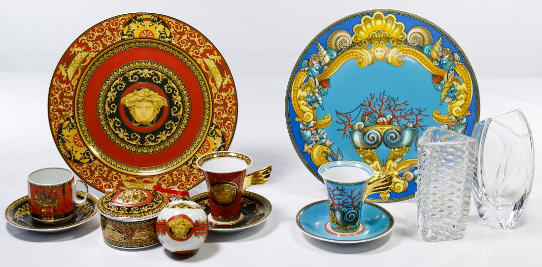Rosenthal 'Versace' Studio Line China Assortment: Rosenthal 'Versace' Studio Line China Assortment Including (2) service plates, (3) cups, (3) saucers, a covered dresser box and an ornament in the 'Medusa' and 'Les Tresors de la Mer' patterns; togeth