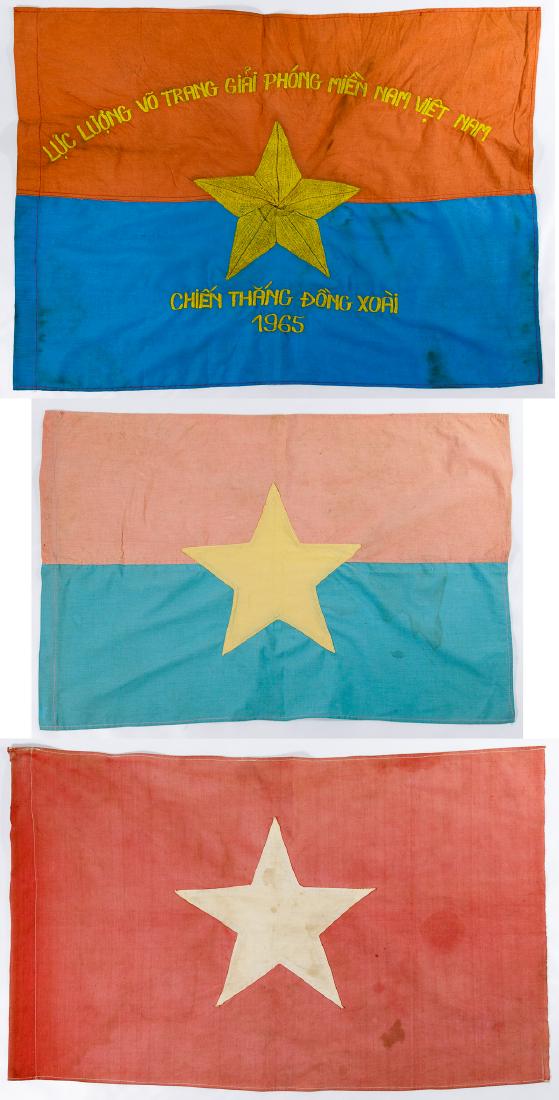 Vietnam War Flag Assortment: Vietnam War Flag Assortment 1965, three cloth flags having embroidered stars and writing Condition: Good to Fair, showing sun fading and stains Height: 21.00 inches, Width: 29.50 inches (largest) Cate