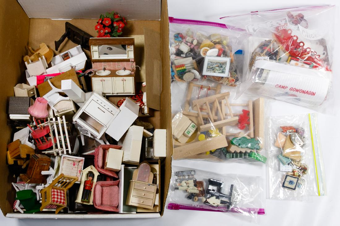 Doll House Furniture Assortment: Doll House Furniture Assortment Including wood furniture and appliances, miniature food and dishes, cast iron French chef kitchen set, wood playground set and miniature Judaica items Condition: Very G