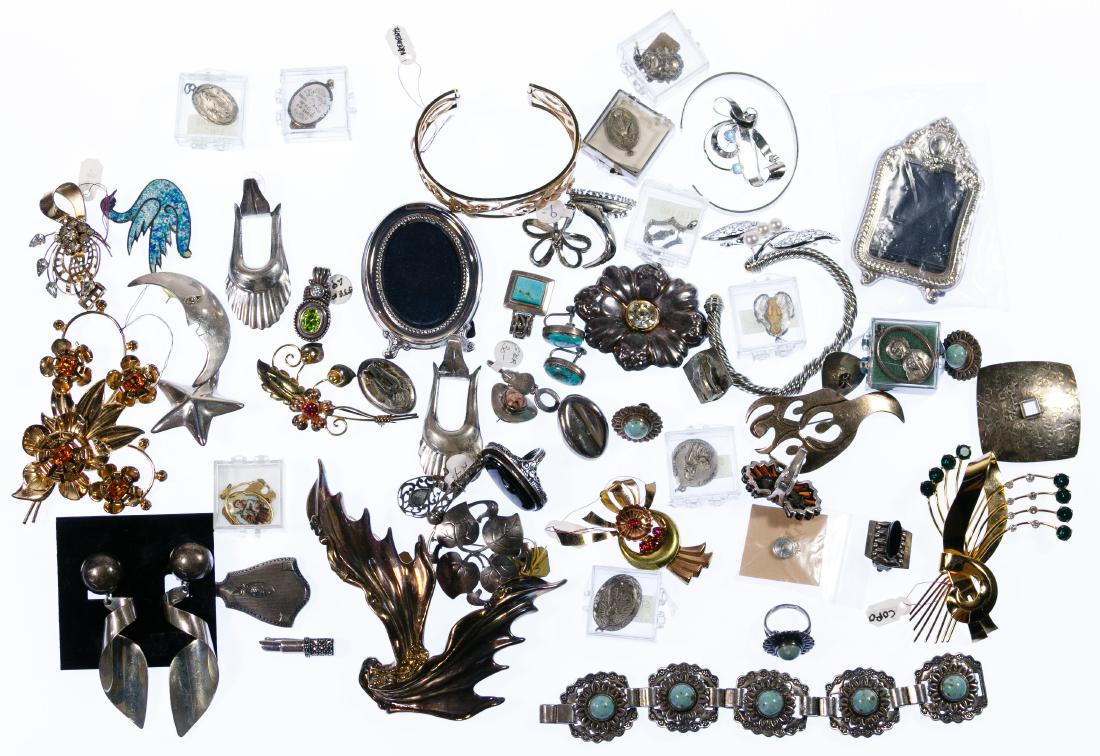 Sterling Silver and Gold Filled Jewelry Assortment: Sterling Silver and Gold Filled Jewelry Assortment Including eight pairs of earrings, four of which marked 'Mexico 925', Art Deco onyx pair is marked 'JFG', blue stone screw on pair is part of a set w