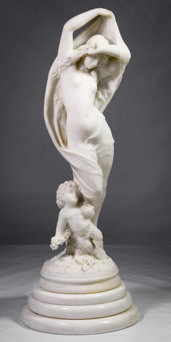 (After) Rafaello Battelli (Italian, 19th Century): (After) Rafaello Battelli (Italian, 19th Century) Carved Alabaster Statue 20th Century, signed en verso towards the bottom, depicting a nude female with a cherub; together with round marble base Condi