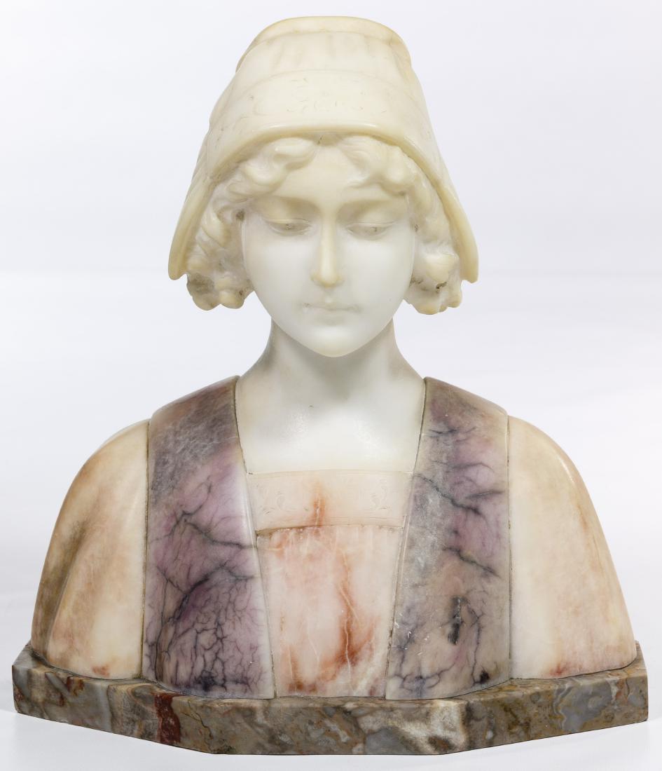 Carli (European, 20th Century) Carved Alabaster Bust: Carli (European, 20th Century) Carved Alabaster Bust A sculpture depicting a female of the 17th century Protestant Reformation art period, having a dutch bonnet and plum colored frock; mounted on a gr