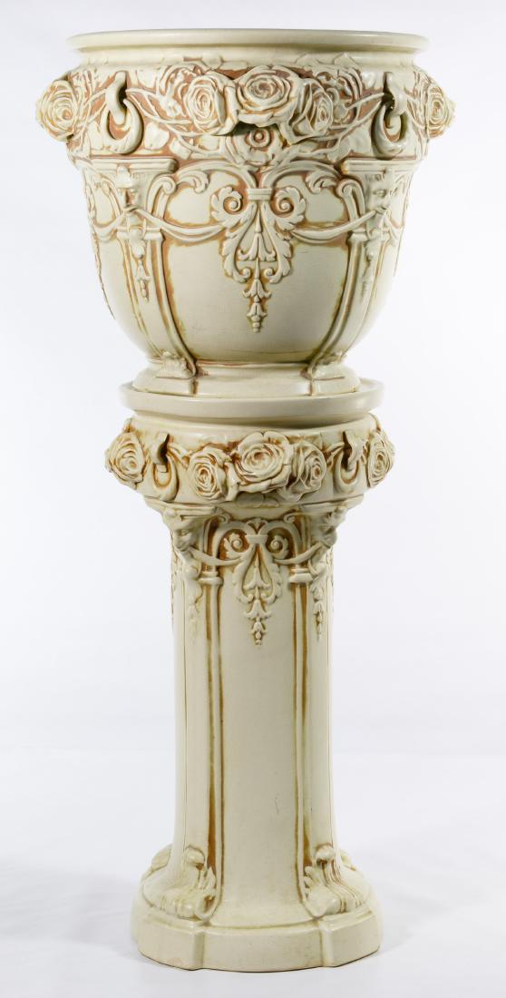 Weller Pottery 'Clinton Ivory' Jardiniere and Base (1 of 5)
