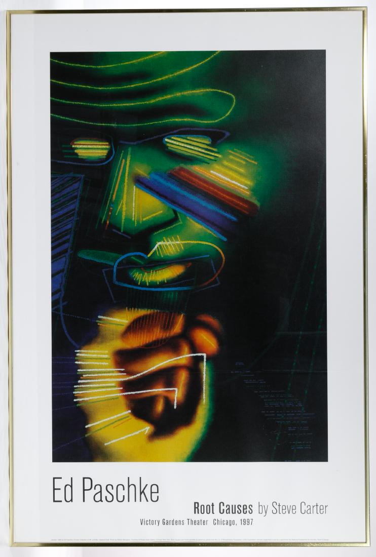 Ed Paschke (American, 1939-2004) 'Victory Gardens: Ed Paschke (American, 1939-2004) 'Victory Gardens Theater' Poster 1997, using 'Jericho' image from 1988, framed in gold metal Condition: Very Good, poster warped at bottom; not examined out of the fra