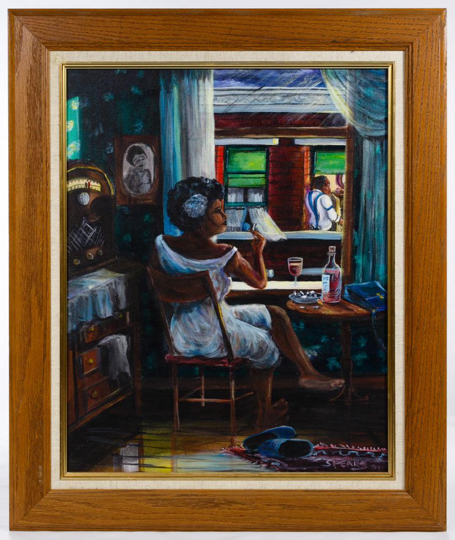Greg Spears (American, 20th Century) Oil on Canvas: Greg Spears (American, 20th Century) Oil on Canvas 2001, signed lower right, depicting a woman smoking by window Condition: Very Good, no damage noted; light dirt accumulation; not examined out of the