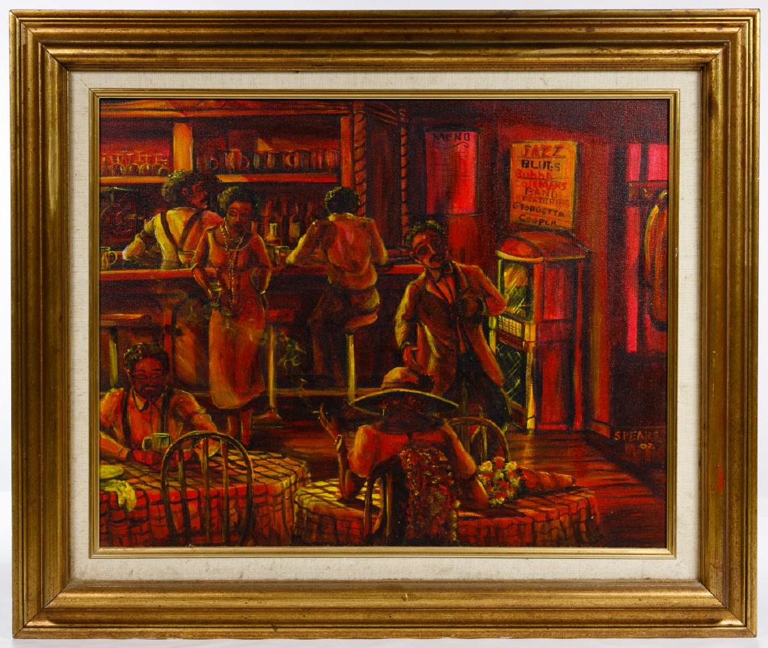 Greg Spears (American, 20th Century) Oil on Canvas: Greg Spears (American, 20th Century) Oil on Canvas 2002, signed lower right, depicting a bar scene Condition: Very Good, no damage noted; light dirt accumulation; tears in paper backing; not examined 