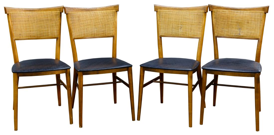 Paul McCobb for Planner Group Chair Collection: Paul McCobb for Planner Group Chair Collection Mid-century modern, including four wooden chairs having wicker back and leather seats; Danish style Condition: Very Good to Fair, light wear, two having