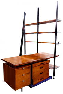 George Nelson for Herman Miller CSS Wall Unit with Desk: George Nelson for Herman Miller CSS Wall Unit with Desk Floor to ceiling wall unit having attached desk including three drawers; wall unit having seven adjustable shelves, five drawers, a storage unit