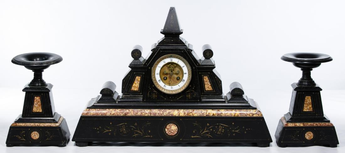 French Slate and Marble Mantle Clock and Garniture Set (1 of 5)