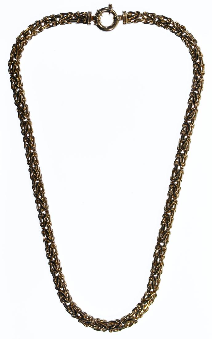 14k Gold Byzantine Link Necklace: 14k Gold Byzantine Link Necklace Marked '14k' Condition: Very Good, light wear Length: 17.00 inches Weight: 17.10 dwts. Category: Fine Jewelry > 18k Gold Shipping Status: Leonard Auction, Inc. will pr