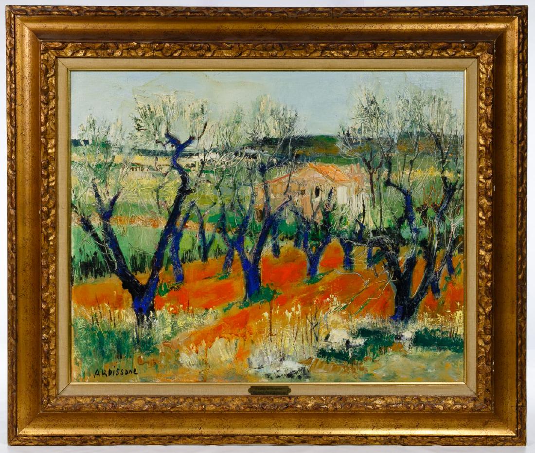 Yolande Ardissone (French, b.1927) 'Paysage de: Yolande Ardissone (French, b.1927) 'Paysage de Provence' Oil on Canvas Undated, signed lower left, boldly colored orchard scene in wide gold frame with linen liner, brass nameplate; Findlay Galleries 