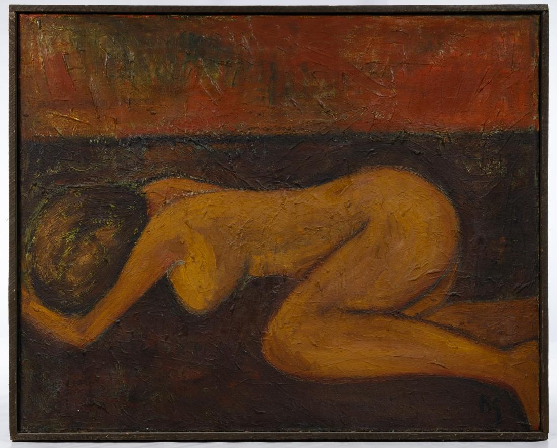 Manuel Blanco-Gonzalez (Spanish, 1932-2004) 'Nude' Oil: Manuel Blanco-Gonzalez (Spanish, 1932-2004) 'Nude' Oil on Canvas Undated, initial signed lower right, title on stretcher bar; nude in dark earth tones, framed in stained rough lath strips Condition: G