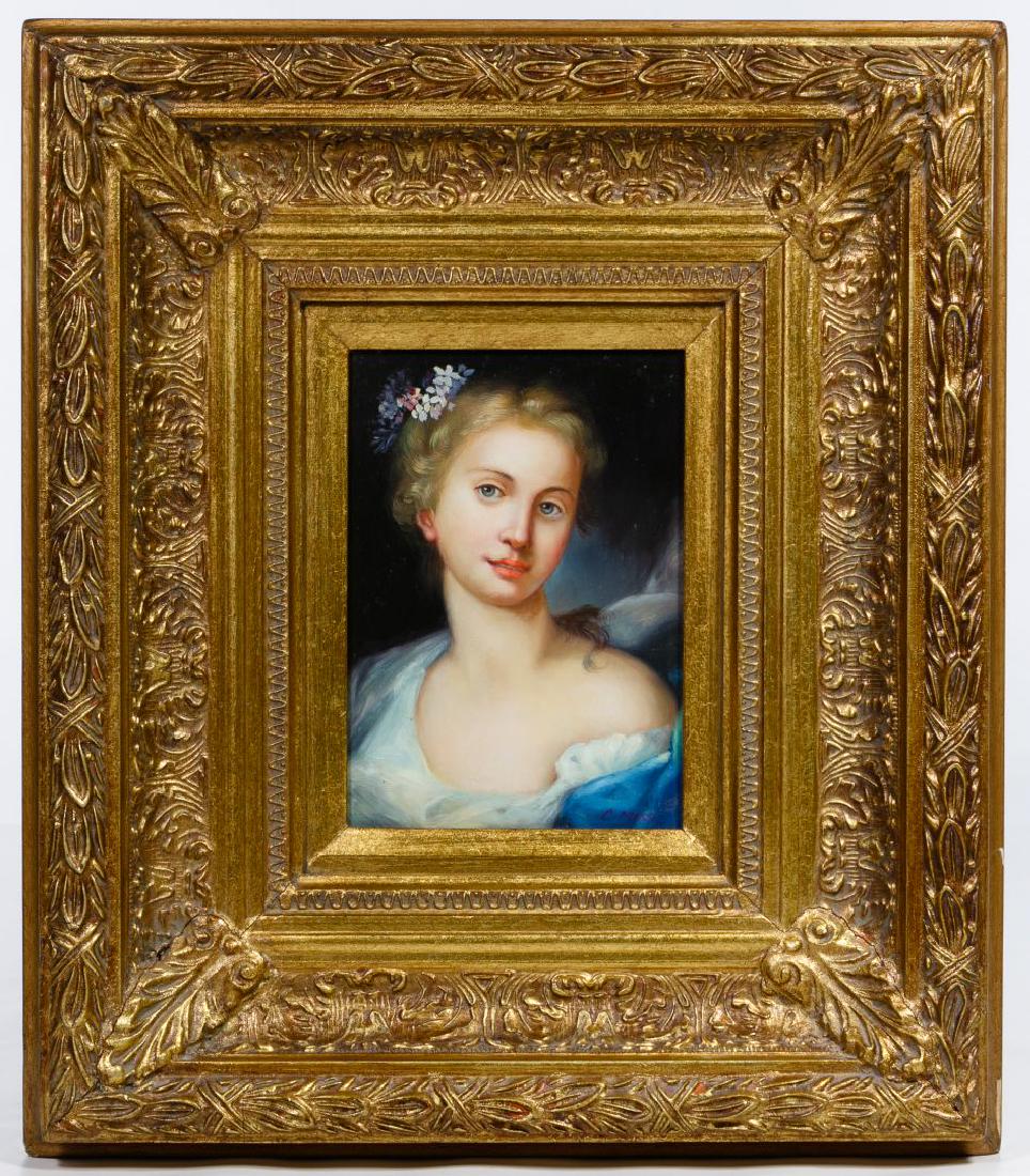 C. Moss (European, 20th Century) Oil on Board: C. Moss (European, 20th Century) Oil on Board Undated, signed lower right, portrait of a female Condition: Very Good, light surface wear overall; several tiny chips to the frame; not examined out of t