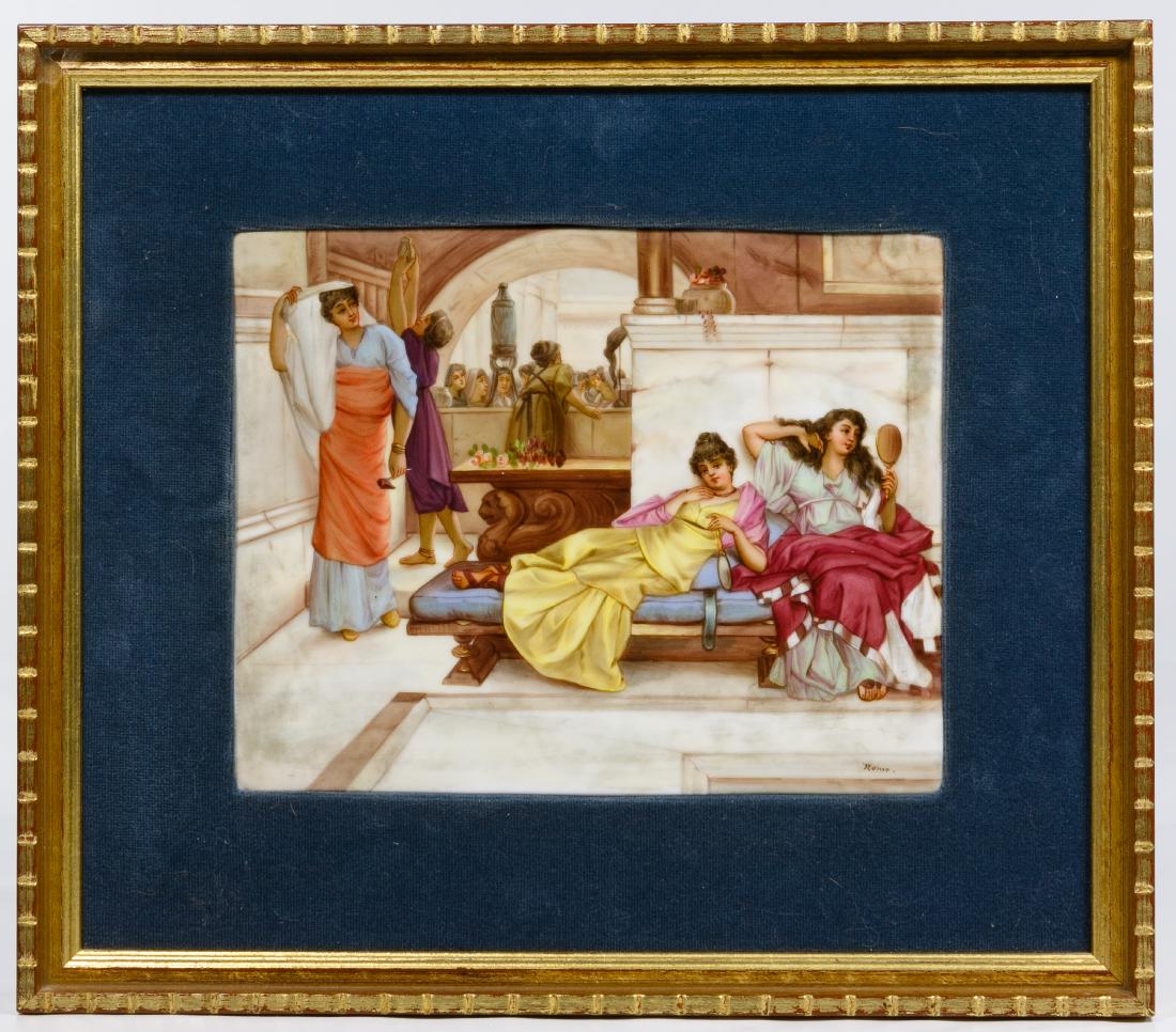 (After) Lawrence Alma-Tadema (British, 1836-1912): (After) Lawrence Alma-Tadema (British, 1836-1912) 'Shrine of Venus' Plaque Undated, unsigned, titled en verso, back of tile embossed '315'; decorative porcelain of a Roman scene; blue velvet mat and g