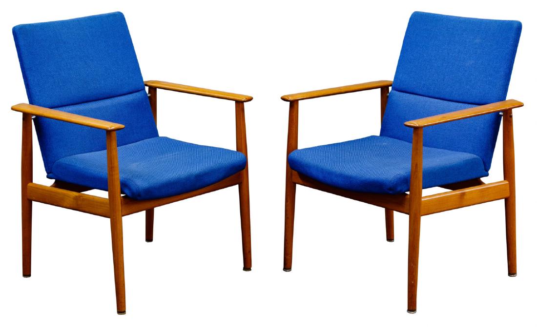 Arne Vodder for Sibast Mobler Chairs: Arne Vodder for Sibast Mobler Chairs Mid-Century Modern teak armchairs, seat and back upholstered in blue linen Condition: Good, overall light wear consistent with age and normal use; upholstery paddi