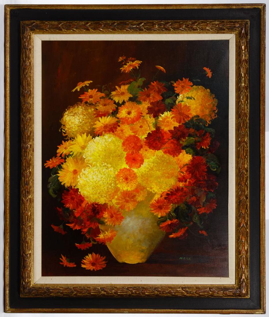 Margaret Rice (American, b.1903) Oil on Canvas: Margaret Rice (American, b.1903) Oil on Canvas Undated, signed lower right, depicting a still life of flowers in bright colors, ornate black and gold frame with white linen liner Condition: Very Good,