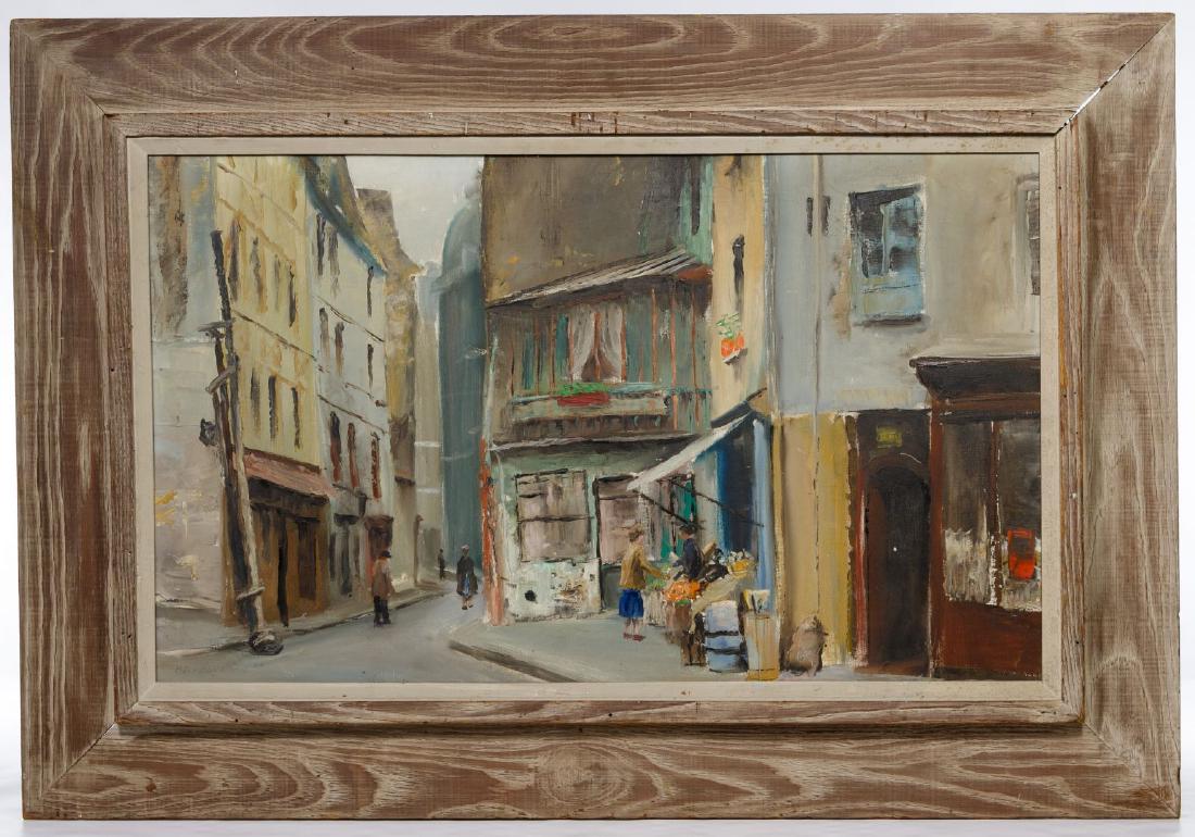 Peter Hayward (American, 1905-1993) 'Rue St Julien De: Peter Hayward (American, 1905-1993) 'Rue St Julien De Paine' Oil on Canvas 1976, signed lower left, depicting quiet street with corner fruit stand in a wide driftwood frame Condition: Good, small half