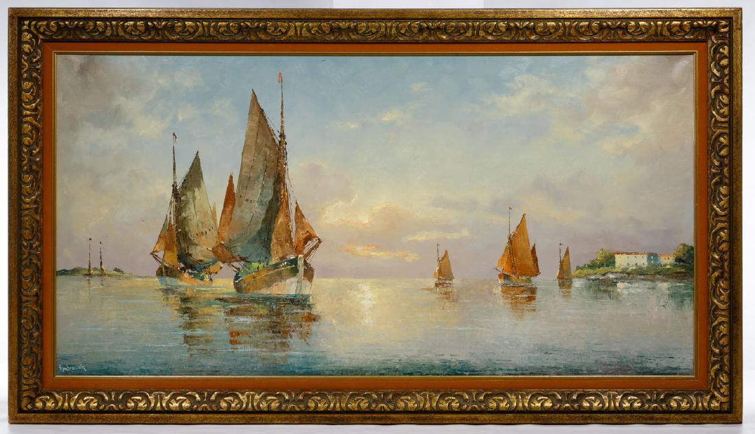Franz Ambrasath (German, 1889-1974) Oil on Canvas: Franz Ambrasath (German, 1889-1974) Oil on Canvas Undated, signed lower left, depicting sailboats in the water, wide gold carved frame with peach velvet liner Condition: Very Good, black dot top cente