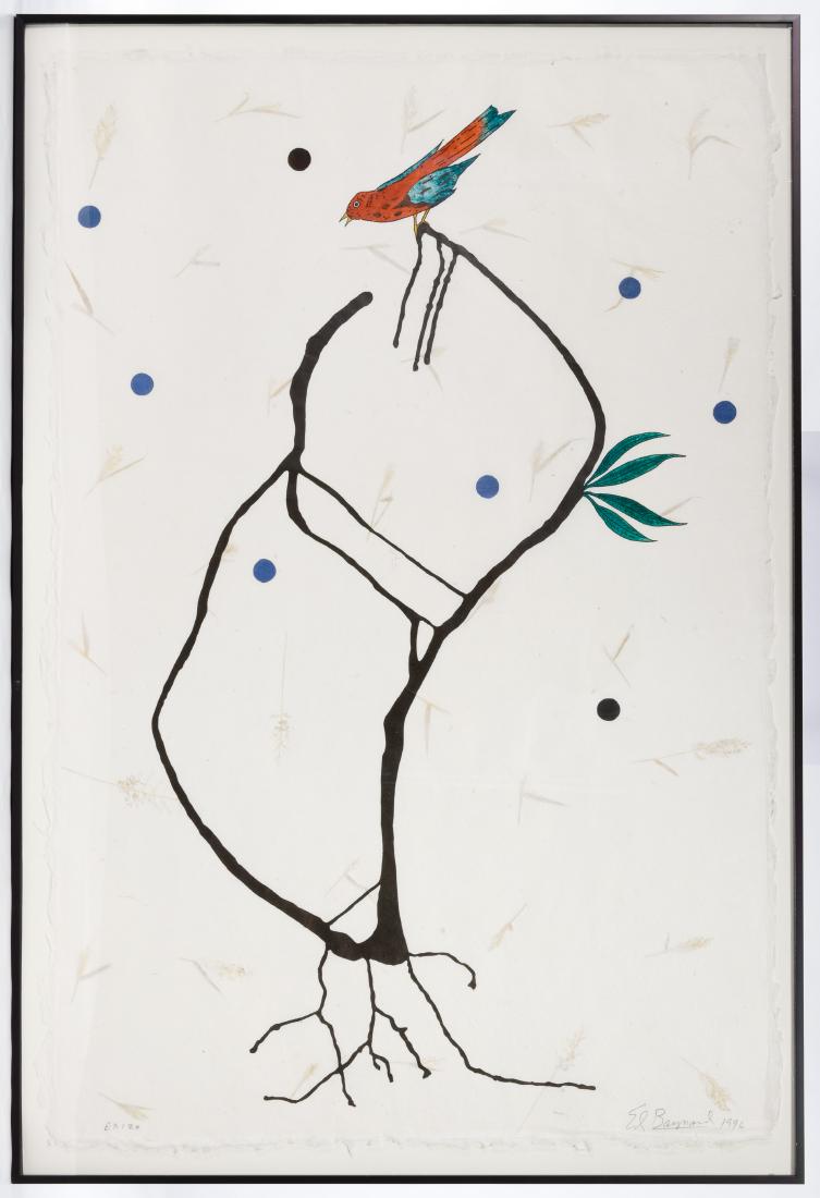 Ed Baynard (American, 1940-2016) Woodcut on Hand Laid: Ed Baynard (American, 1940-2016) Woodcut on Hand Laid Rag Paper 1996, signed lower right, Orientalist image of a bird on a branch, printed on hand made paper with inclusions of leaves and grains, moun