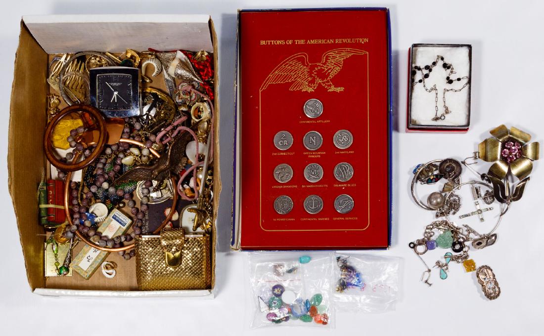 Sterling Silver Jewelry, Costume Jewelry and Gemstone: Sterling Silver Jewelry, Costume Jewelry and Gemstone Assortment Including twelve sterling pins, charm bracelets and earrings, most marked 'sterling' or '925'; twenty-one loose glass beads and semi-pr