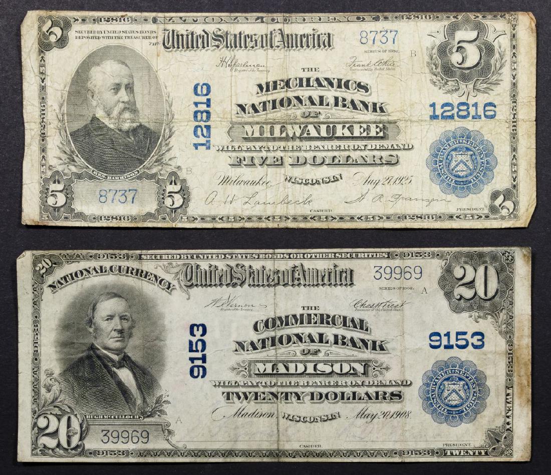 Wisconsin National Currency Assortment: Wisconsin National Currency Assortment (2) notes including 1908 $20 Commercial National Bank of Madison #9153 and 1925 $5 Mechanics National Bank of Milwaukee #12816 Category: National Bank Notes > Wi