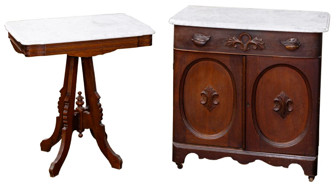 Eastlake and Empire Walnut and Marble Top Furniture: Eastlake and Empire Walnut and Marble Top Furniture Assortment Including table of dark walnut having shaped marble top and commode having marble top, a drawer over two doors with an interior fixed she