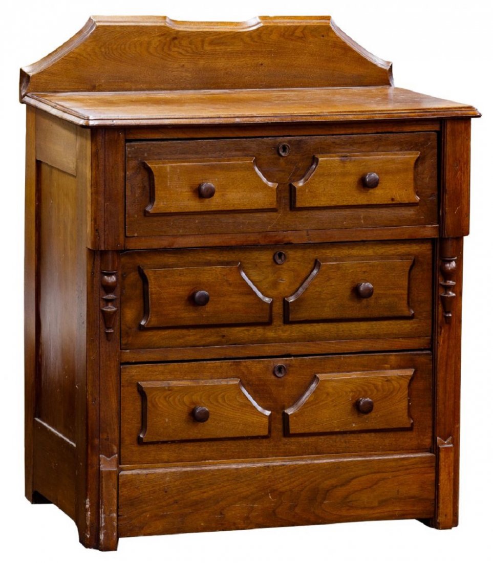 Walnut Commode: Walnut Commode c.1880, three drawer commode with backsplash, having applied details, original knobs, scallop-and-peg drawer construction Condition: Good, finish in good condition, light scratches and 