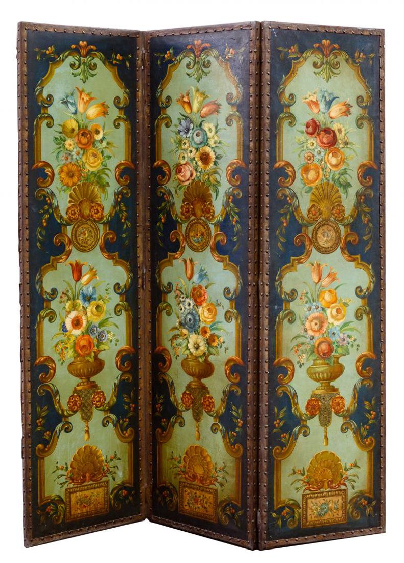 Painted Room Divider: Painted Room Divider c.1900, 3-panel screen having hand painted floral motifs on canvas and a wooden frame Condition: Good, light to moderate wear, edges of trim flaking, a few dirt spots and paint ch