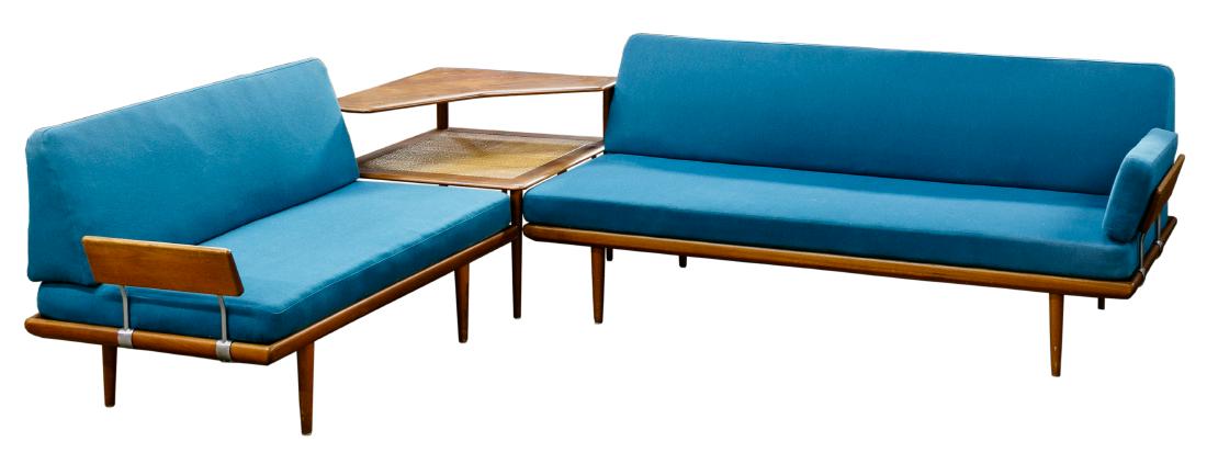 Peter Hvidt for France and Sons â€œMinervaâ€ Seating: Peter Hvidt for France and Sons â€œMinervaâ€ Seating Group c.1960, designed by Peter Hvidt and Orla Molgaard-Nielson, each having attached France and Sons labels, both sofas having attached Joh