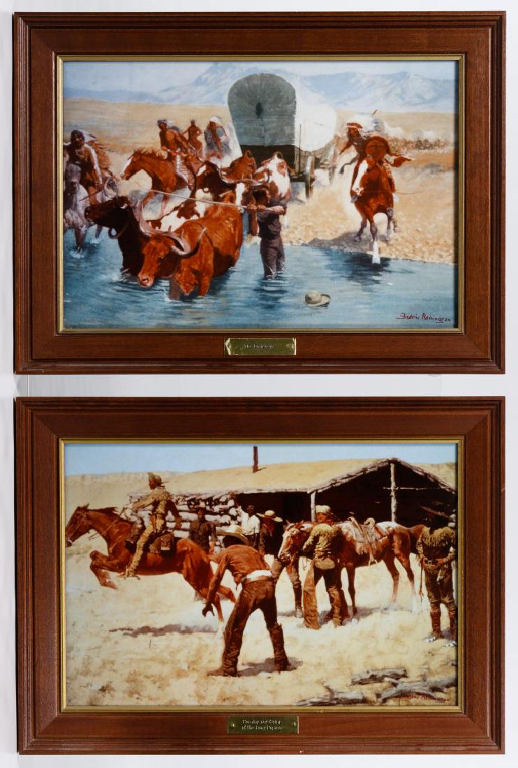(After) Frederic Remington (American, 1861-1909): (After) Frederic Remington (American, 1861-1909) Porcelain Plaques for Franklin Mint 20th Century porcelain reproductions of 'The Emigrants' and 'Coming and Going of the Pony Express' in walnut color 