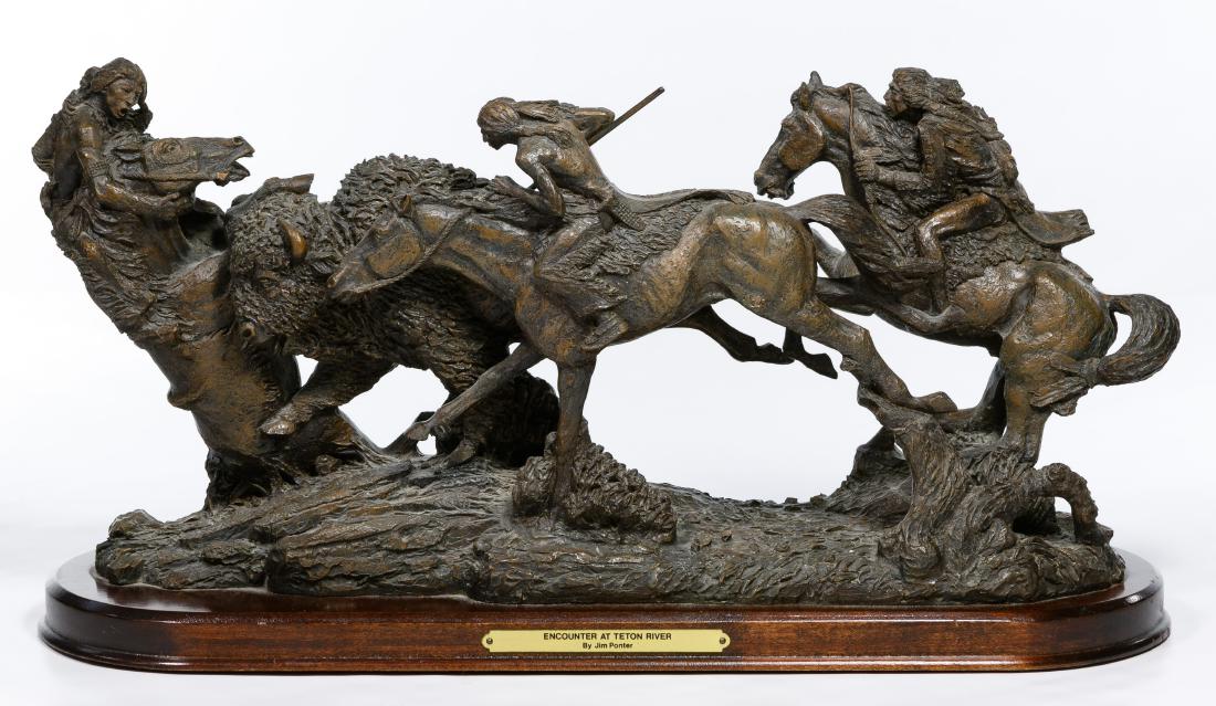 Jim Potner for Franklin Mint 'Encounter at Teton River': Jim Potner for Franklin Mint 'Encounter at Teton River' Sculpture Undated, signed on far end of sculpture, resin sculpture depicting a buffalo hunt including a removable metal spear Condition: Very Go