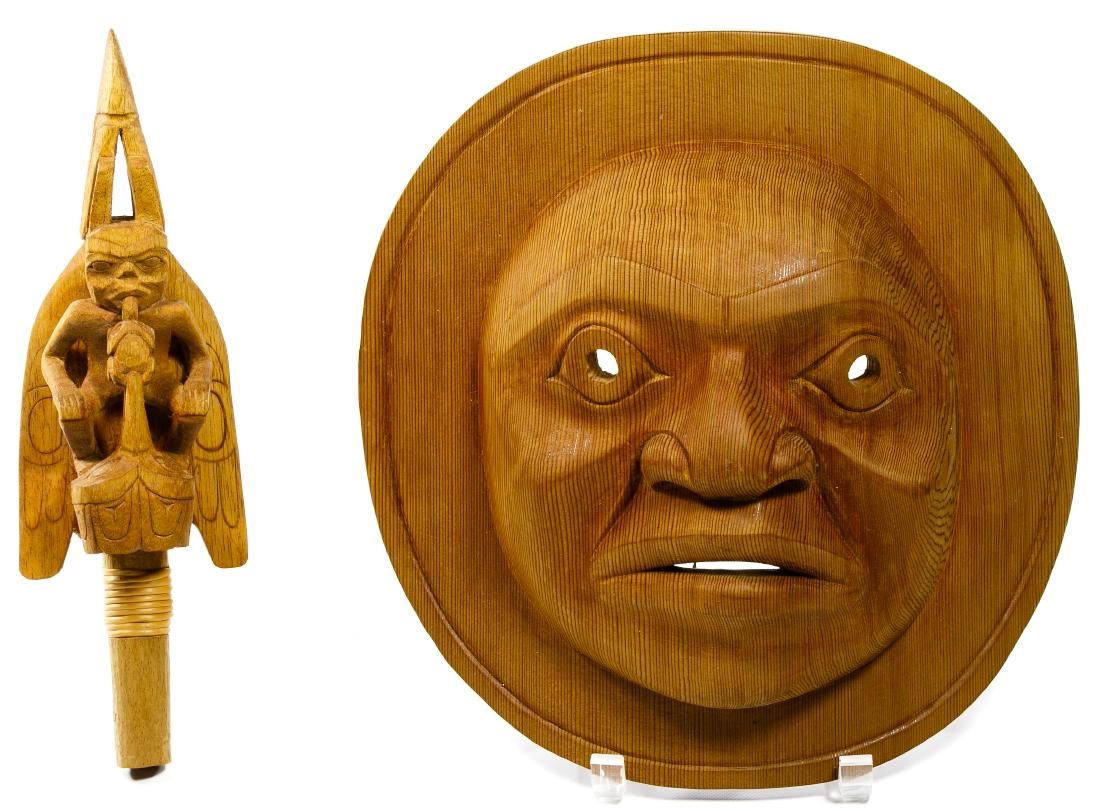 Native American Northwest Coast Mask and Rattle: Native American Northwest Coast Mask and Rattle Two contemporary Native American carved cedar wood items including a mask by Beau Dick (Canadian, 1955-2017) and an unpainted raven rattle by Tommy Jose
