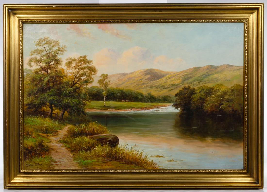 Norman Badgley Wilson (American, b.1906) Oil on Canvas: Norman Badgley Wilson (American, b.1906) Oil on Canvas Undated, signed lower left, depicting a wooded shoreline, framed in gold Condition: Very Good, some abrasions to canvas; chipped corners on frame