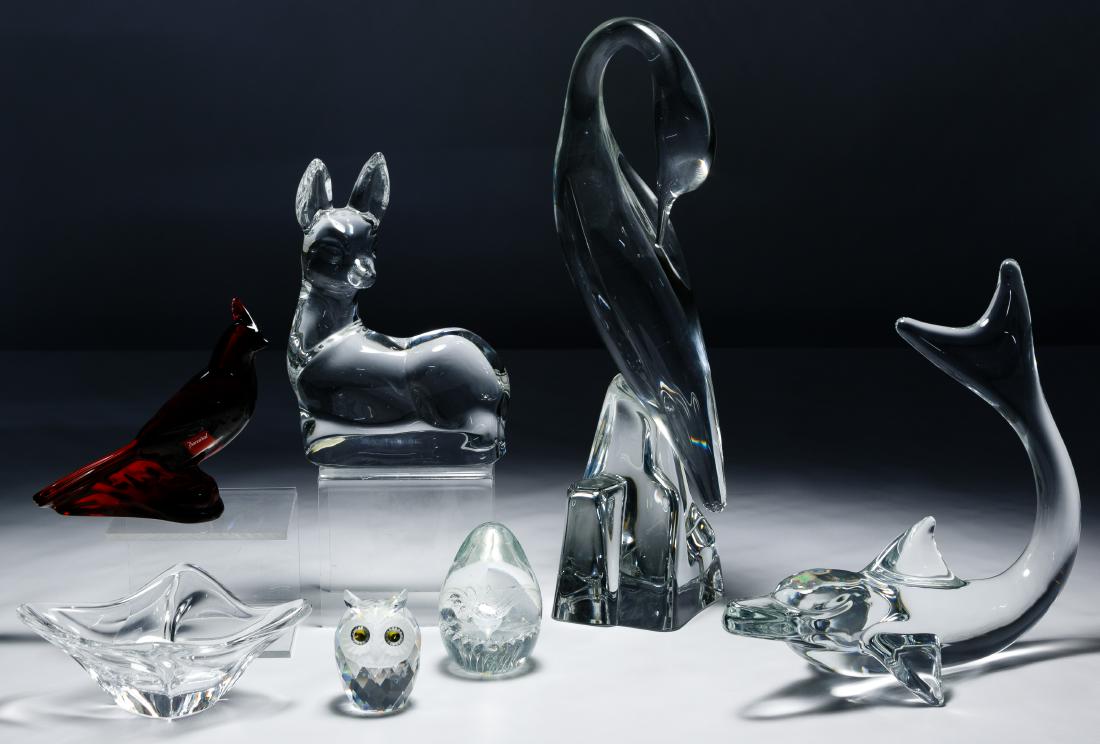 Daum, Baccarat and Swarovski Crystal Animal Assortment: Daum, Baccarat and Swarovski Crystal Animal Assortment Seven items including a Swarovski owl, Baccarat bird as well as Daum deer, dolphin and bird; together with a bowl by Daum and an illegibly signed