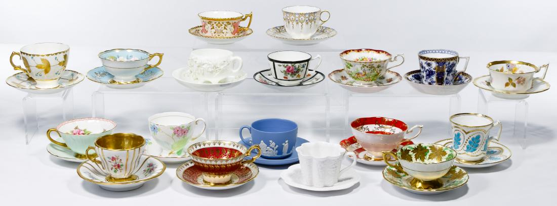 English Cup and Saucer Assortment: English Cup and Saucer Assortment Eighteen sets including examples from Wedgwood, Royal Stuart, Shelley, Spode, Royal Stafford; most marked underside Condition: Good, fine crack on underside of 'Royal