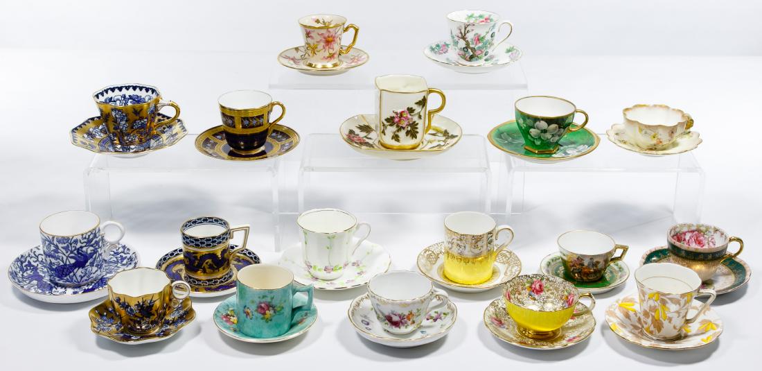 English Demitasse Cup and Saucer Assortment: English Demitasse Cup and Saucer Assortment Eighteen sets including makers Coalport, Doulton, Paragon, Dresden, Grafton, Adderley, James Kent, Royal Stafford Condition: Very Good to Good, Doulton Burs