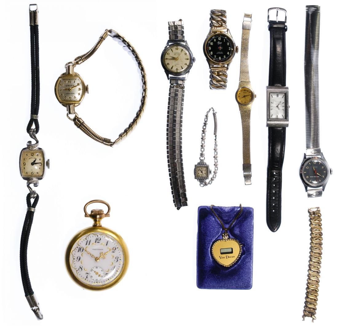 Pocket and Wrist Watch Assortment: Pocket and Wrist Watch Assortment Nine wrist watches including five women's and four men's, featuring a Hamilton marked '14k' inside the case, a Gruen marked '12k gold filled top' and a Waltham pocket