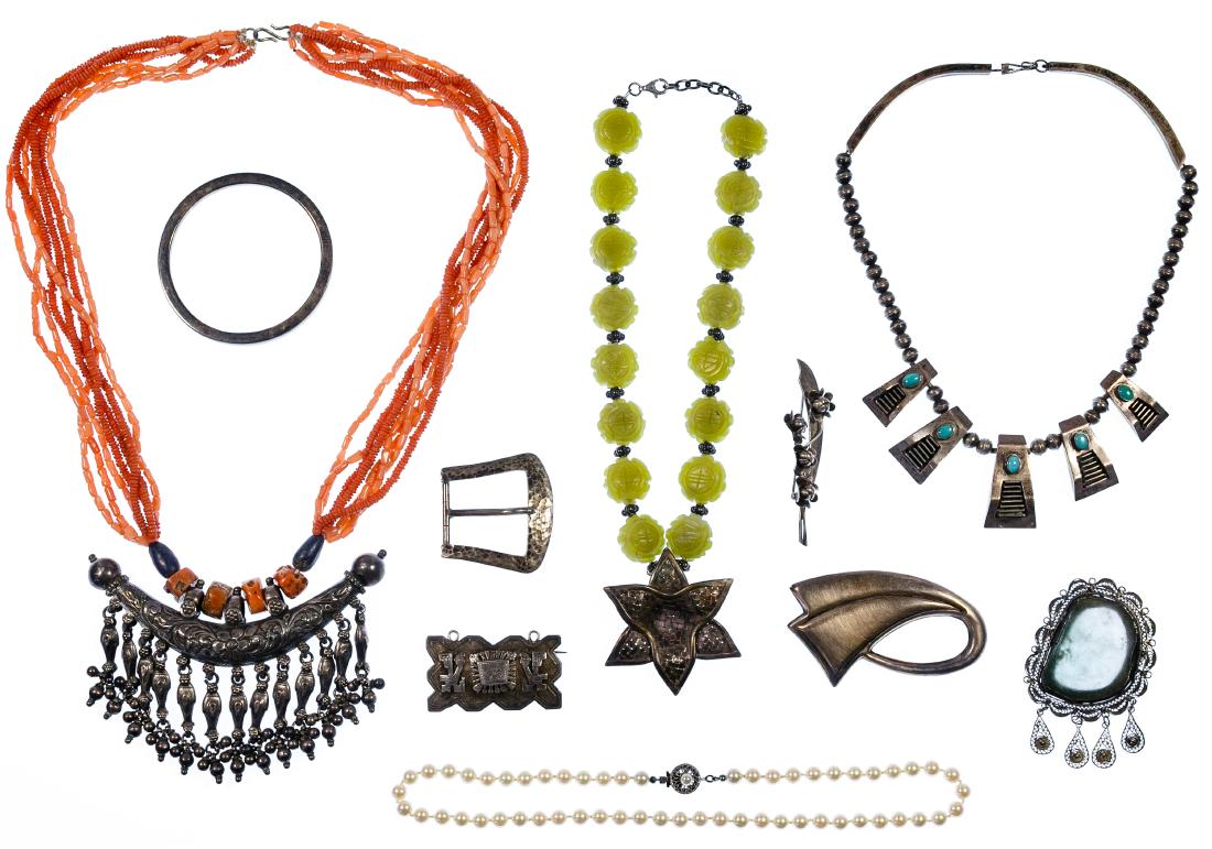 Sterling Silver and European Silver (800) Jewelry: Sterling Silver and European Silver (800) Jewelry Assortment Including eight necklaces, two of which are chunky coral and turquoise; six pins, five pendants, nine pairs of earrings, four single earrin