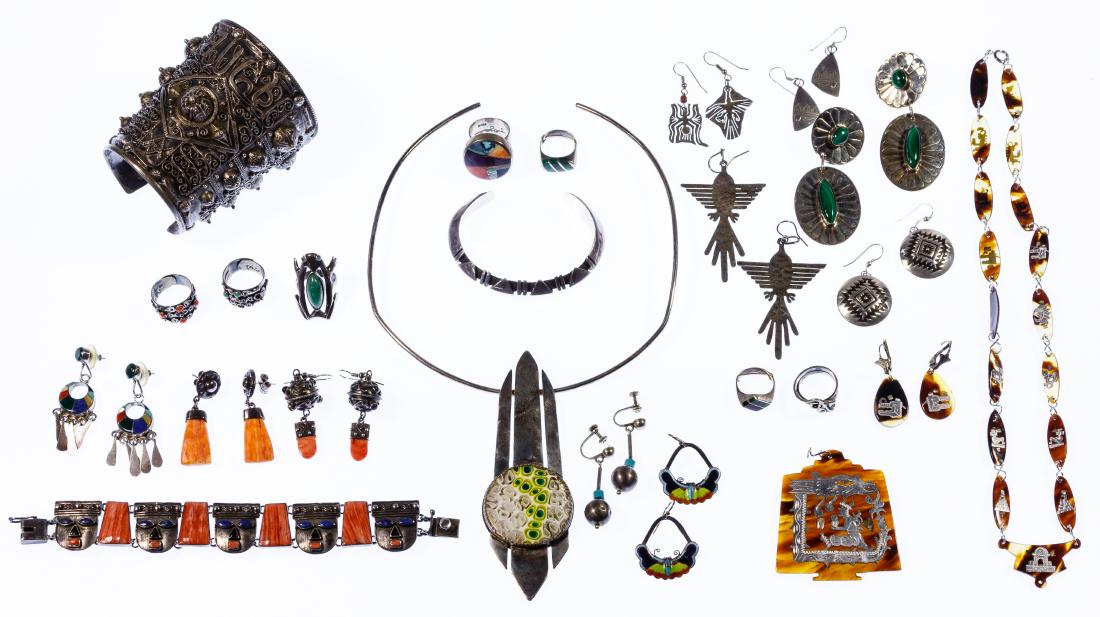 Sterling Silver Jewelry Assortment: Sterling Silver Jewelry Assortment Twenty-four items including Navajo jewelry of seven rings, ten earring sets, a choker necklace, two cuff bracelets and a link bracelet; together with a 3-pc set of s