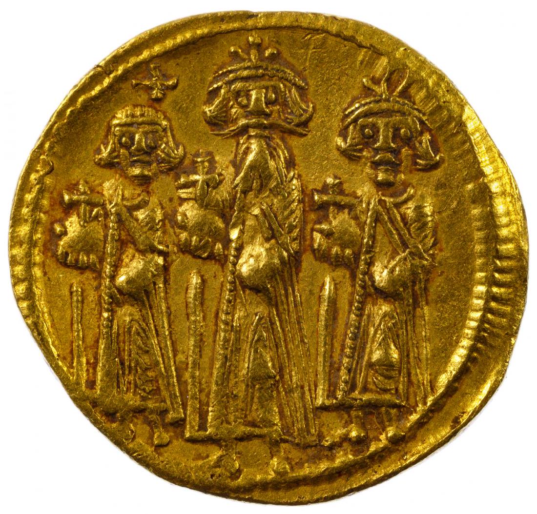 Ancient: Byzantine Gold Solidus: Ancient: Byzantine Gold Solidus c.610-641 AD; gold die-struck coin depicting Emperor Heraclius and his sons; weighing 4.46 grams, purity unknown Category: Ancient Coins > Ancient Coins Shipping Status