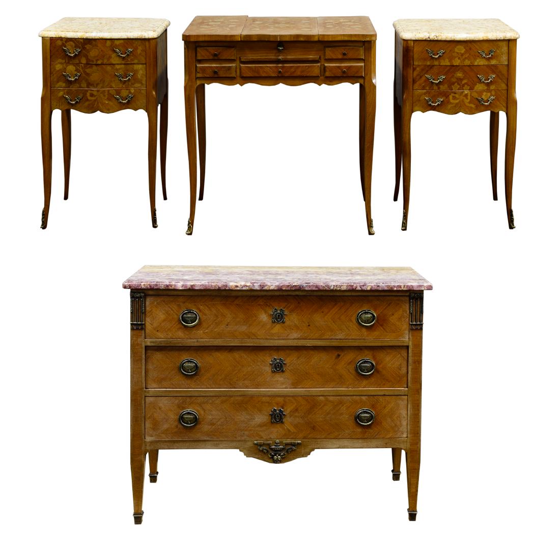 French Louis XV Style Bedroom Suite: French Louis XV Style Bedroom Suite 20th century; including two nightstands, vanity and dresser; having bronze floral pulls and toecaps, floral marquetry designs, slender curved legs; vanity having li
