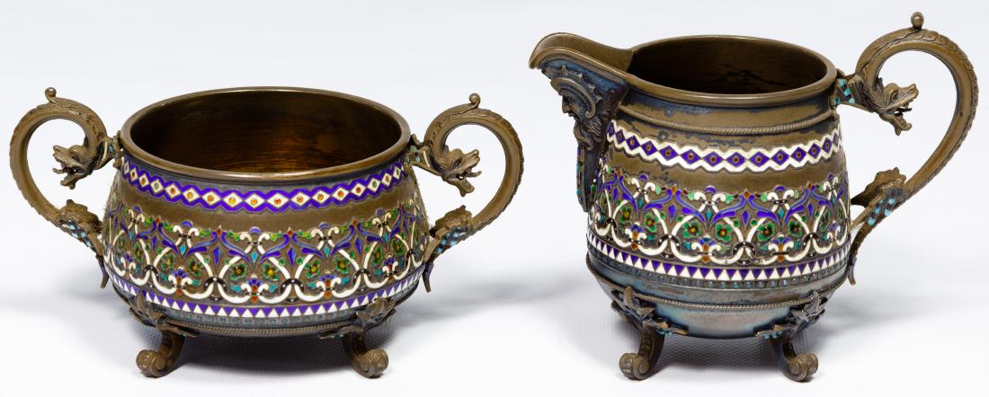 Johan Lund for David Andersen Sterling Silver and Ename: Johan Lund for David Andersen Sterling Silver and Enamel Creamer and Sugar Footed creamer and sugar ornately designed with snake motifs, Poseidon-like figure at mouth of creamer, marked '925' on under